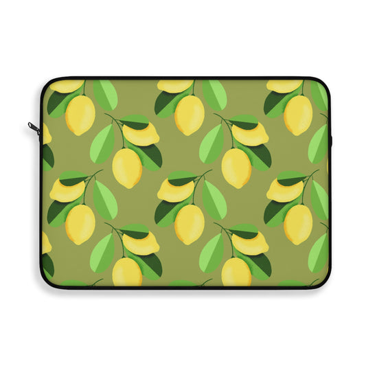 Chic Lemon Laptop Sleeve - Cute Computer Case for Women, Gift for Students, Summer Style, Green Floral Design, Tech Accessories