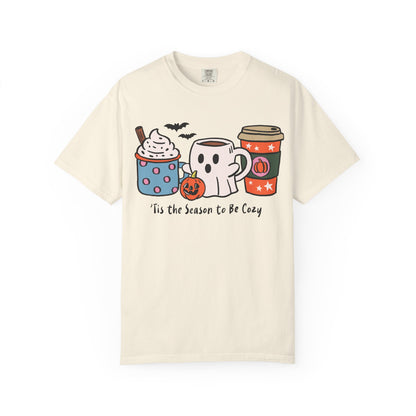 Cozy Halloween T-Shirt, Unisex Fashion Tee, Fall Apparel, Pumpkin Spice Drink Shirt, Seasonal Outfit, Gifts for Halloween Lovers