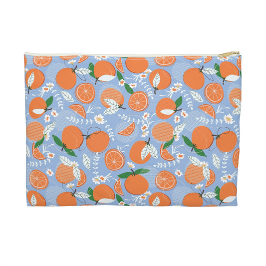 Citrus Print Accessory Pouch, Bright Orange Zipper Bag, Summer Travel Make-Up Case, Cute Gift for Her, Fun Orange Design