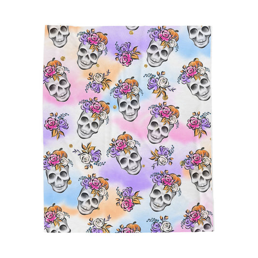 Colorful Skull Floral Velveteen Plush Blanket, Cozy Couch Throw, Unique Home Decor, Halloween, Day of the Dead, Gift Idea