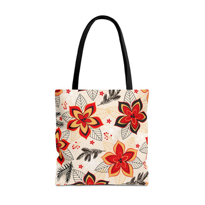 Floral Poinsettia Tote Bag – Red & Gold Holiday Pattern AOP