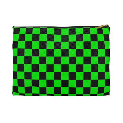 Green & Black Checker Accessory Pouch — Neon Checkerboard Makeup Bag