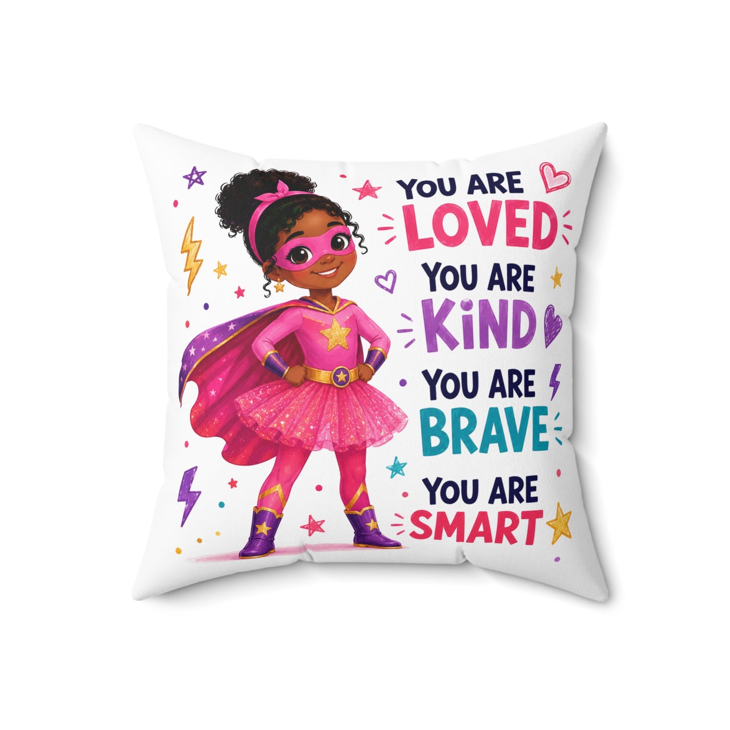 Inspirational Superhero Girl Pillow – "You Are Loved, Kind, Brave, Smart" Decorative Throw Pillow