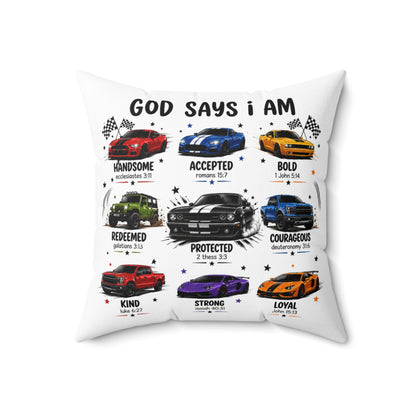 God Says I Am Car Pillow — Inspirational Christian Throw Pillow with Scripture Keywords