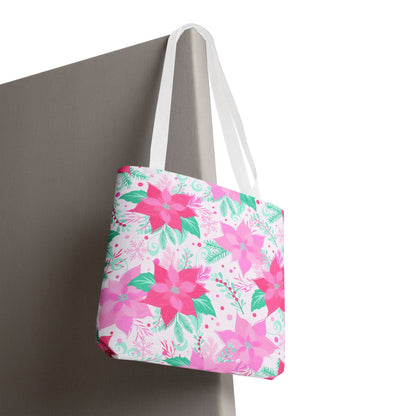 Pink Poinsettia Floral Tote Bag – Festive Holiday All-Over Print