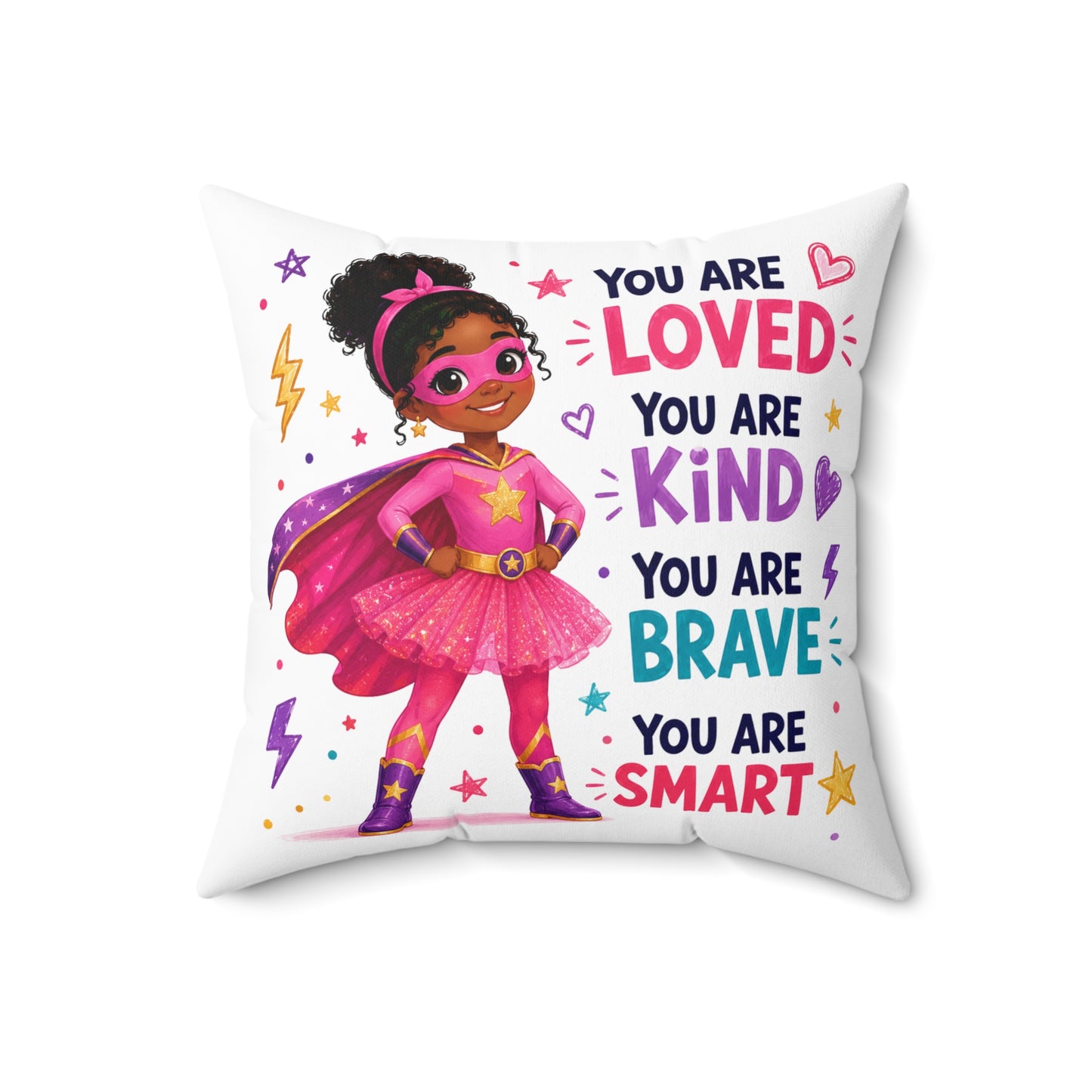 Inspirational Superhero Girl Pillow – "You Are Loved, Kind, Brave, Smart" Decorative Throw Pillow