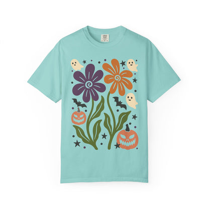 Halloween Floral T-Shirt with Ghosts and Pumpkins, Fall Apparel, Unisex Halloween Shirt, Spooky Vibe, Perfect for Parties, Gifts