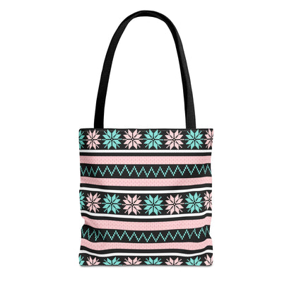 Floral Fair Isle Tote Bag — Pink & Teal Patterned Everyday Shopper