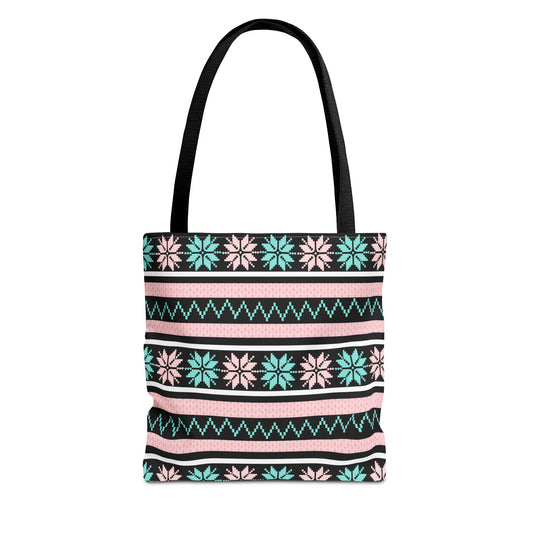 Floral Fair Isle Tote Bag — Pink & Teal Patterned Everyday Shopper