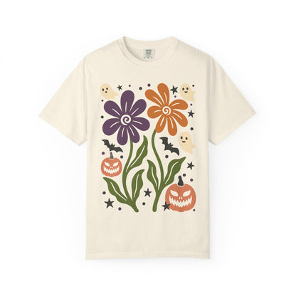 Halloween Floral T-Shirt with Ghosts and Pumpkins, Fall Apparel, Unisex Halloween Shirt, Spooky Vibe, Perfect for Parties, Gifts