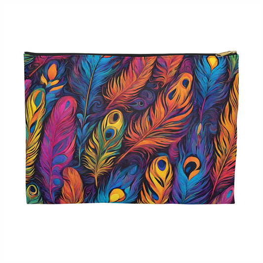 Colorful Feather Accessory Pouch, Boho Makeup Bag, Art Supply Organizer, Travel Clutch, Gift for Her, Festival Essentials