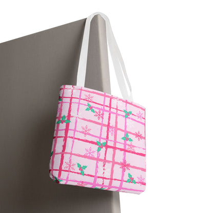 Pink Plaid Holly Tote Bag — Festive Floral Patterned Tote