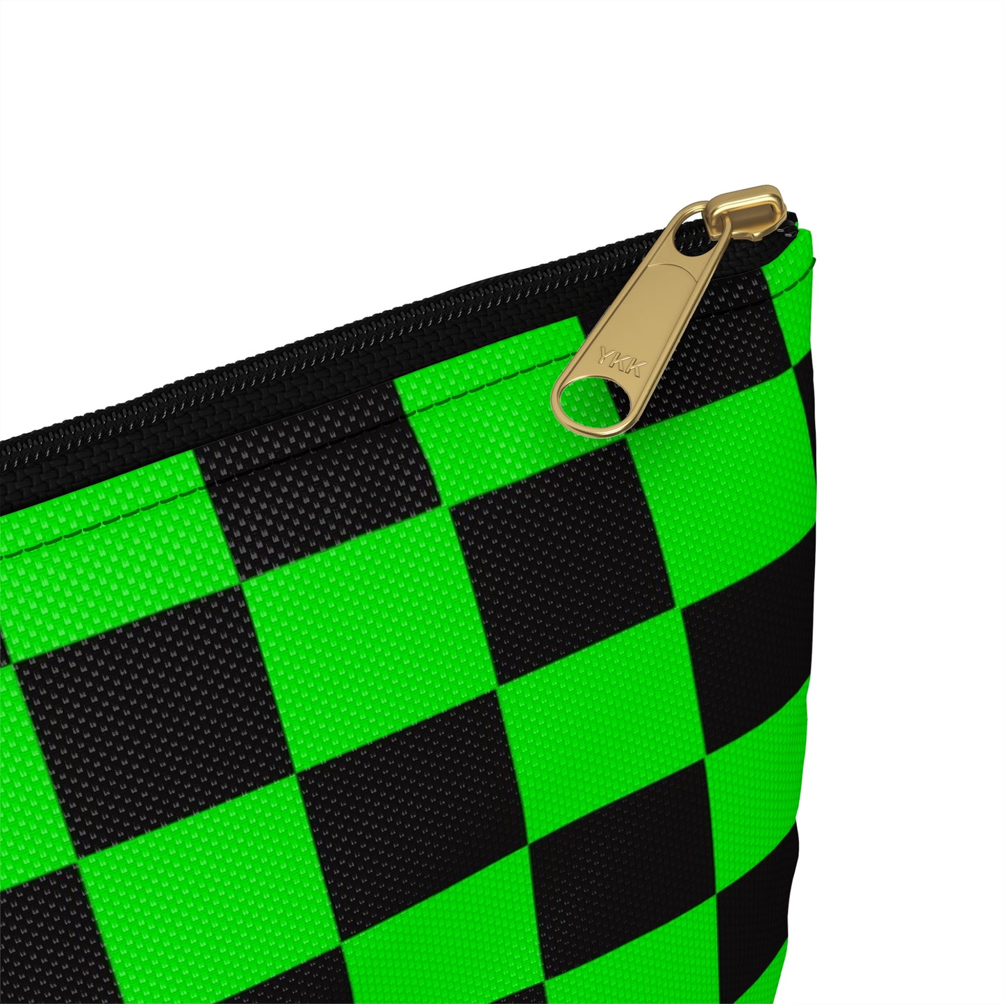 Green & Black Checker Accessory Pouch — Neon Checkerboard Makeup Bag