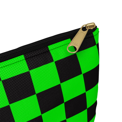 Green & Black Checker Accessory Pouch — Neon Checkerboard Makeup Bag