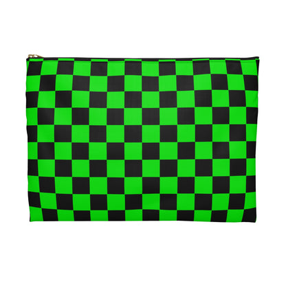 Green & Black Checker Accessory Pouch — Neon Checkerboard Makeup Bag