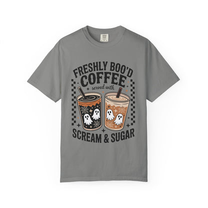 Halloween Coffee T-Shirt, Unisex Garment-Dyed Tee, Ghostly Coffee Graphic Tee, Casual Fall Fashion, Perfect for Halloween Celebrations