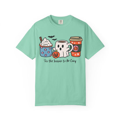 Cozy Halloween T-Shirt, Unisex Fashion Tee, Fall Apparel, Pumpkin Spice Drink Shirt, Seasonal Outfit, Gifts for Halloween Lovers