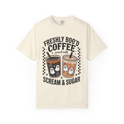 Halloween Coffee T-Shirt, Unisex Garment-Dyed Tee, Ghostly Coffee Graphic Tee, Casual Fall Fashion, Perfect for Halloween Celebrations