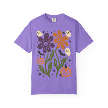 Halloween Floral T-Shirt with Ghosts and Pumpkins, Fall Apparel, Unisex Halloween Shirt, Spooky Vibe, Perfect for Parties, Gifts