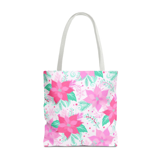 Pink Poinsettia Floral Tote Bag – Festive Holiday All-Over Print
