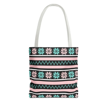 Floral Fair Isle Tote Bag — Pink & Teal Patterned Everyday Shopper