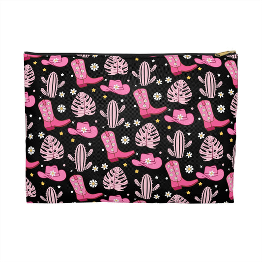 Pink Cowboy Boots Accessory Pouch, Cute Makeup Bag, Floral Storage for Travel, Gift for Friends, Western Party Essential