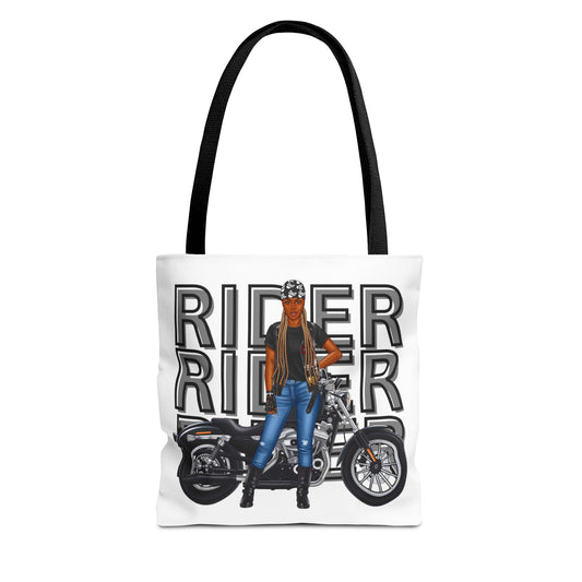 Motorcycle Rider Tote Bag, Biker Bag, AOP Tote, Gifts for Bikers, Women's Tote, Fashionable Tote for Riders