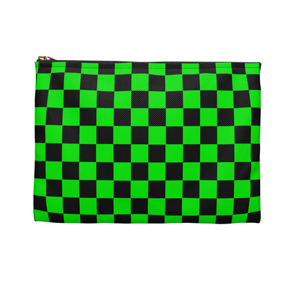 Green & Black Checker Accessory Pouch — Neon Checkerboard Makeup Bag